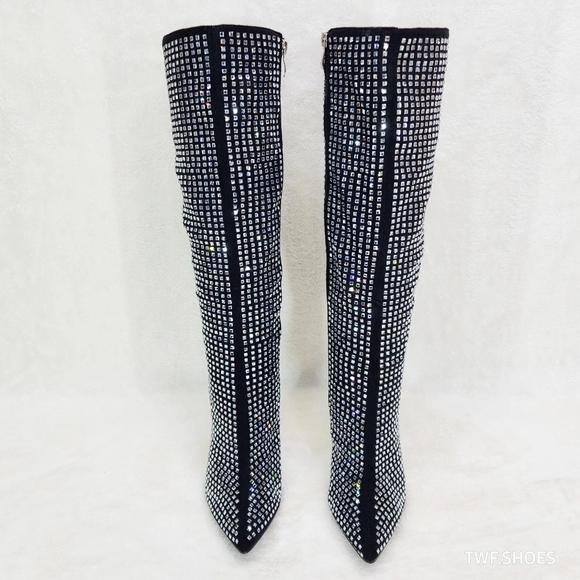 Black and Silver Rhinestone Knee-High Boots - Picture 2 of 9